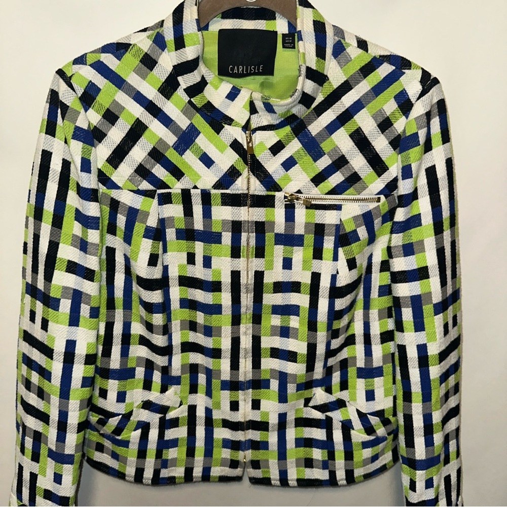 Carlisle Women's Geometric Cropped Motto Jacket Sz10 Bright Colors Gold Accents